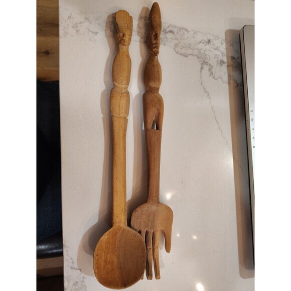 Teak Wood African Carved Fork and Spoon Salad Set Lightweight - Picture 2 of 9